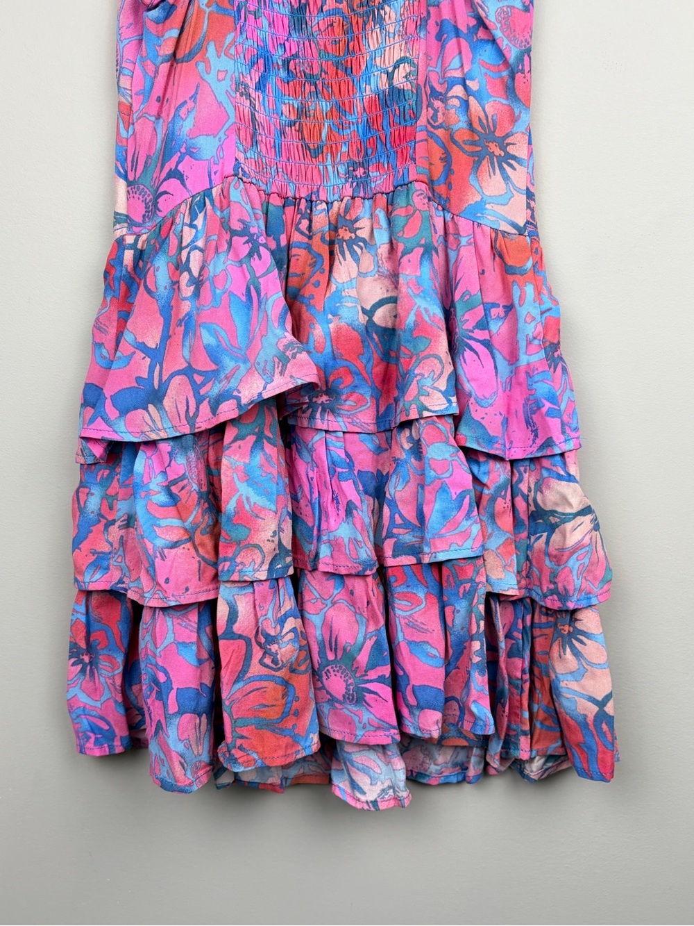 NWT Wild Fable Floral Tiered Mini Dress XXS Pink Blue Button Front Boho - Picture 6 of 9